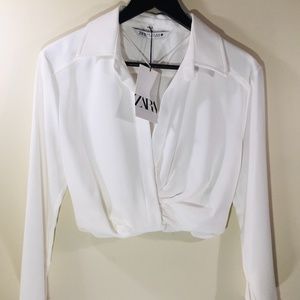 Zara cropped white collared blouse